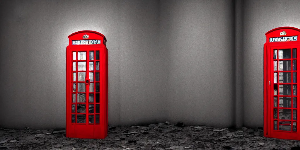 Prompt: a deserted telephone booth in the dark of the night, weird, haunted, misty, dark and evil, demonic, sinister, ambient lighting, 8 k render, hyper realistic, photo realistic, by wes anderson