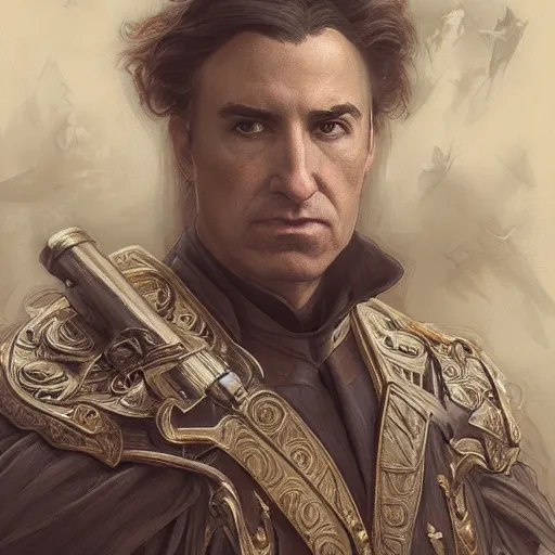 Prompt: portrait of stoic looking john oliver as vigo carpathian, military uniform, fantasy, intricate, elegant, highly detailed, centered, dark, smokey, charcoal painting, digital painting, artstation, concept art, smooth, sharp focus, illustration, art by artgerm and greg rutkowski and alphonse mucha