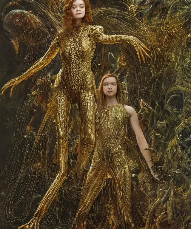 Prompt: a portrait photograph of a fierce sadie sink as a strong alien harpy queen with amphibian skin. she is dressed in a golden lace shiny metal slimy organic membrane plugsuit and transforming into an evil insectoid snake bird. by donato giancola, walton ford, ernst haeckel, peter mohrbacher, hr giger. 8 k, cgsociety