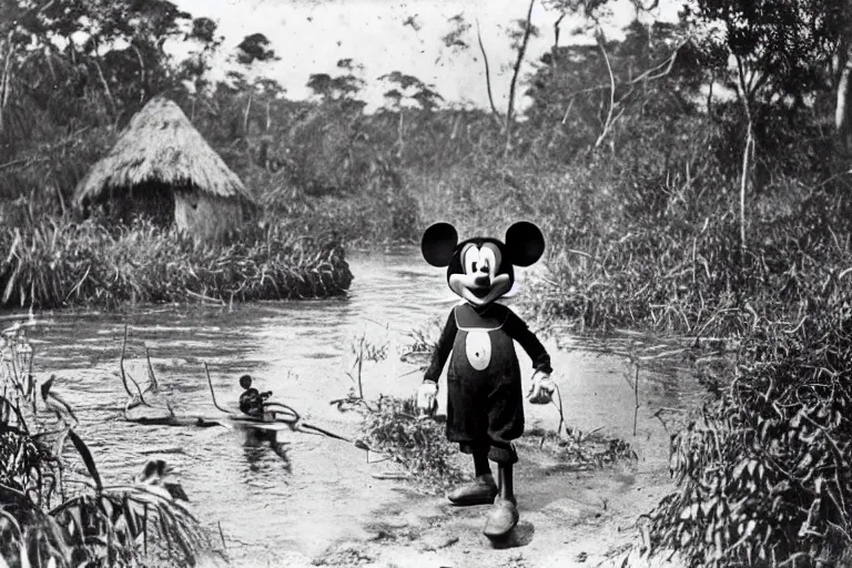 Image similar to a 1 9 0 5 colonial closeup photograph of mickey mouse in a village at the river bank of congo, thick jungle, wide angle shot