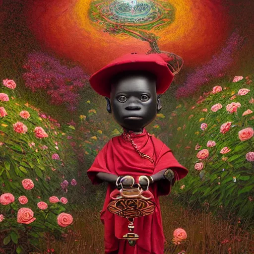 Prompt: wide angle dynamic portrait of a chibbi dogon priest in a rose garden with a red pond and a golden ornate steampunk portal, amigurumi by mark ryden and todd schorr and mark davis and zdislaw beksinski in a surreal lowbrow style, digital paint, matte paint, vivid synthwave colors, breathtaking landscape, impressionist painting