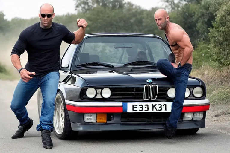 Image similar to Angry Jason Statham lifts BMW e30 in his arms,