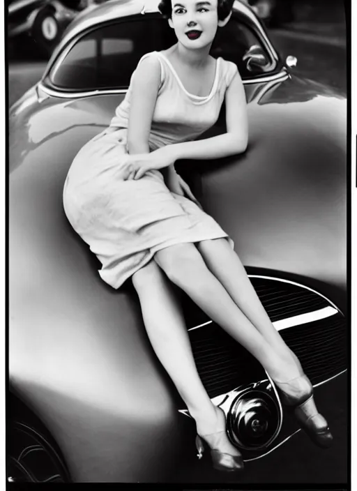 Prompt: Young woman sitting on a sports car, 1950s award winning photo highly detailed, highly in focus, highly life-like, facial closeup taken on Arriflex 35 II, by stanley kubrick