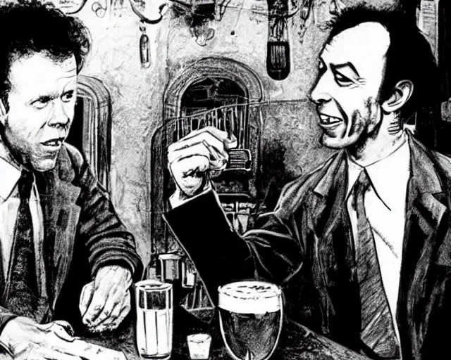 Image similar to Tom Waits and Roberto Benigni in a pub by Will Eisner