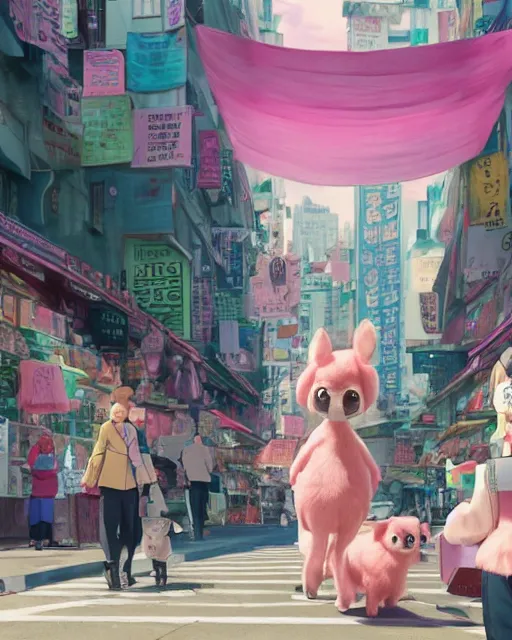 Image similar to a tiny dog with pink fur walking through a crowded street filled with bodegas and food vendors, kids playing checkers, Anime. Soft lighting, 8K, octane render. By Makoto Shinkai, Stanley Artgerm Lau, WLOP, Rossdraws, James Jean, Andrei Riabovitchev, Marc Simonetti, krenz cushart, Sakimichan, D&D trending on ArtStation, digital art.
