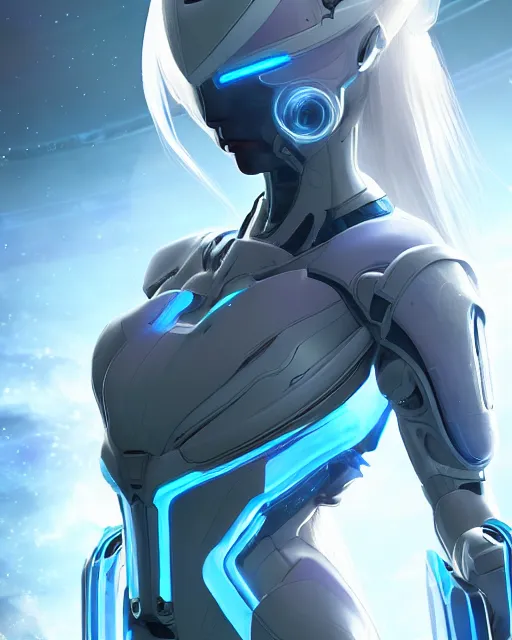 Image similar to perfect android girl on a mothership, warframe armor, beautiful face, scifi, futuristic, galaxy, nebula, raytracing, dreamy, long white hair, blue cyborg eyes, sharp focus, cinematic lighting, highly detailed, artstation, divine, by gauthier leblanc, kazuya takahashi, huifeng huang