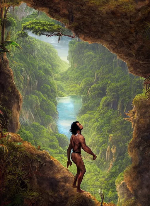 Prompt: a young indigenous amazon man standing at the top of a cliff, matte painting, ayahuasca, fantasy art, highly detailed