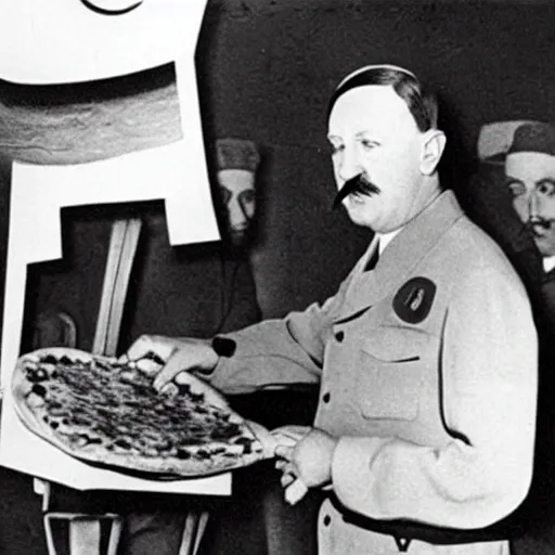 Image similar to hitler making a pizza wearing a pizza man uniform with a swastika on it, photo