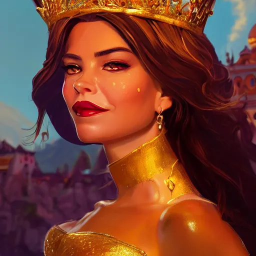 Prompt: Portrait of Sofia Vergara as the Golden Queen wearing a majestic crown, luxurious scene, mattepainting concept Blizzard pixar maya engine on stylized background splash comics global illumination lighting artstation lois van baarle, ilya kuvshinov, rossdraws