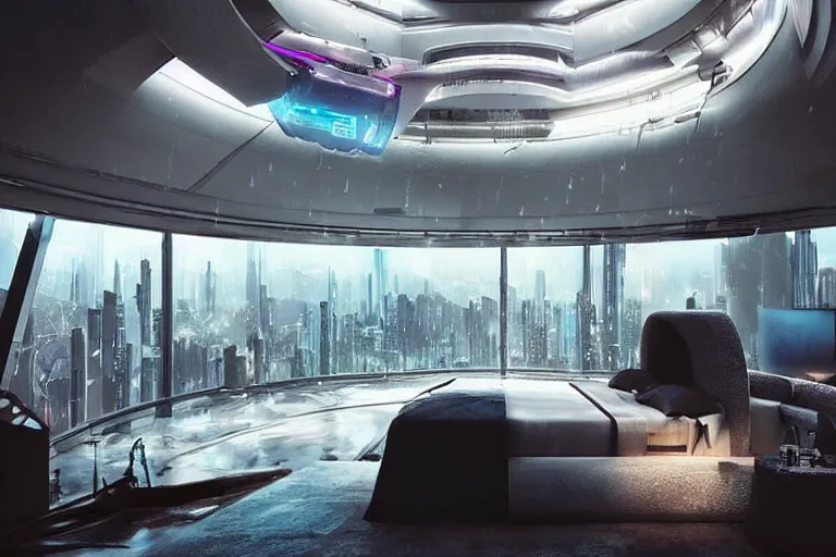 Image similar to a futuristic bedroom with large curved ceiling high windows looking out to a far future cyberpunk cityscape, cyberpunk neon lights, raining, scifi