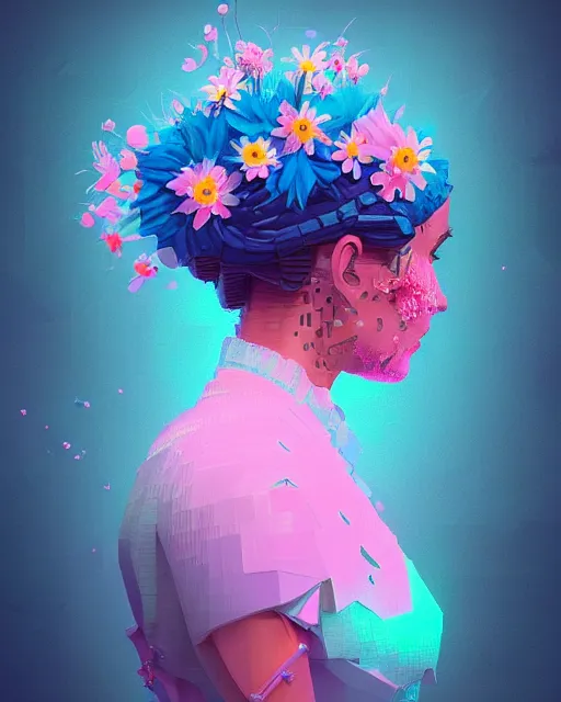 Prompt: a digital painting of a woman with flowers in her hair, cyberpunk art by beeple, behance contest winner, retrofuturism, voxel art, # pixelart, dystopian art