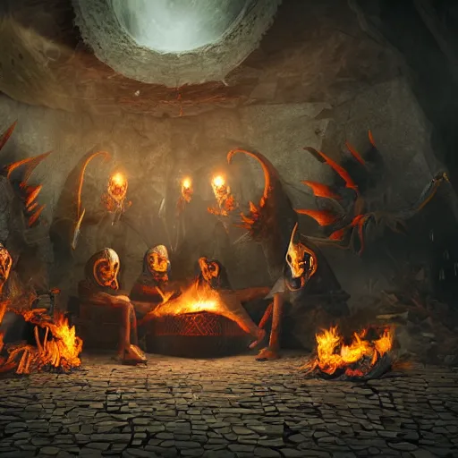 Prompt: summit meeting of the society of the skull rabbit masks, in hell with great cataracts of fire, realístic render, vray render engine, intricate details, cinematic, rule of thirds,