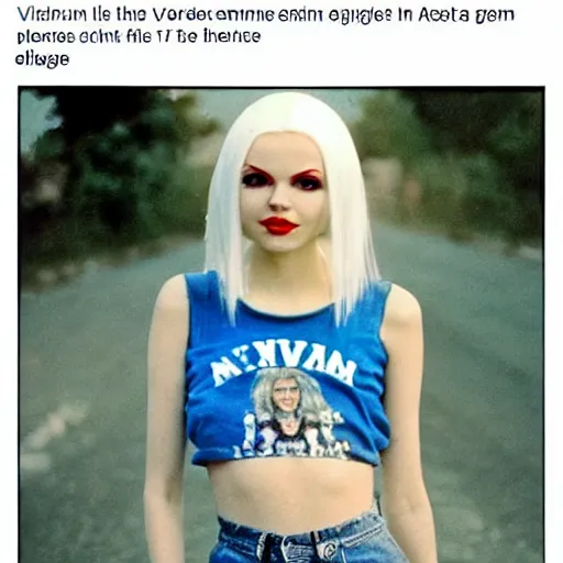 Image similar to aged film still taken of albino Victoria Justice dressed in a Nirvana tank-top and blue short shorts while she thinks a memory she thought she had but the memory was from the mind of the King of razor blades, Pinterest filter, complex detail added after taking the film still at 16K resolution, amazingly epic visuals, epically luminous image, amazing lighting effect, image looks gorgeously crisp as far as it's visual fidelity goes, absolutely outstanding image, perfect film clarity, amazing film quality, iridescent image lighting, mega-beautiful pencil shadowing, 16k upscaled image, soft image shading, crisp image texture, intensely beautiful image, large format picture, it's a great portrait of the highest quality, great Pinterest photo, Vogue portrait is masterfully lit, intricate, elegant, highly detailed, smooth, sharp focus, award-winning, masterpiece, in the style of Tom Bagshaw, Cedric Peyravernay, Peter Mohrbacher
