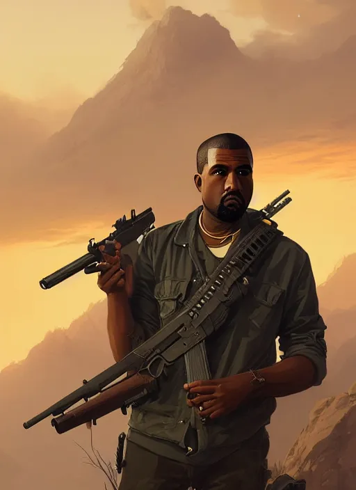 Image similar to highly detailed portrait kanye holding rifle in gta v stephen bliss unreal engine fantasy art by greg rutkowski loish rhads ferdinand knab makoto shinkai lois van baarle ilya kuvshinov rossdraws tom bagshaw global illumination radiant light detailed intricate environment