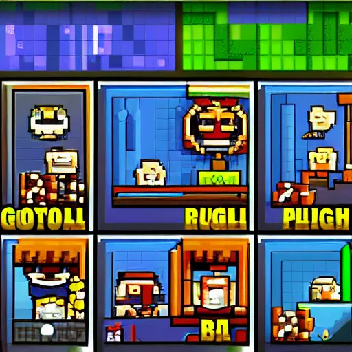 Prompt: a pixel art roguelike game about battling slot machines