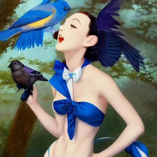 Image similar to anime pinup girl holding an indigo bunting, bird, the bird is wearing a bowtie, by greg rutkowski, rossdraws, gil elvgren, enoch bolles, anime, porcelain skin, very coherent