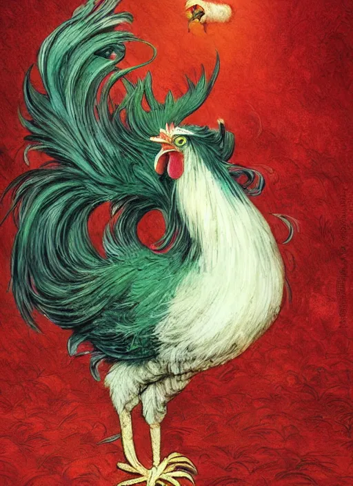 Image similar to a gorgeous rooster japanese art with a red scarf, medium long brown hair, green eyes, is looking at a bird, ethereal, horror, fantasy art by greg rutkowski and magali villeneuve and claude monet