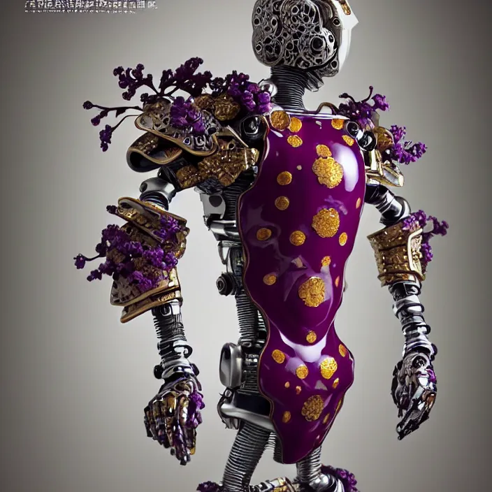 Image similar to ceramic cyborg, Kakiemon design armor with plums and stylized flowers in glaze and gilding, diffuse lighting, fantasy, intricate, elegant, highly detailed, lifelike, photorealistic, digital painting, artstation, illustration, concept art, smooth, sharp focus, art by John Collier and Albert Aublet and Krenz Cushart and Artem Demura and Alphonse Mucha