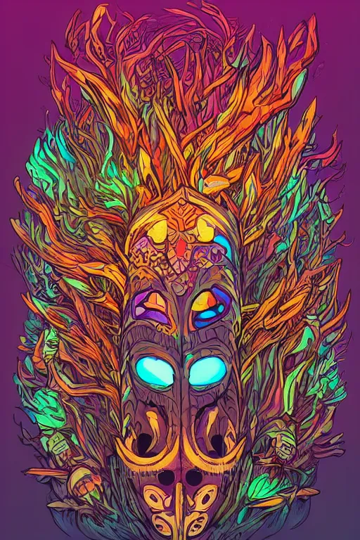 Image similar to animal mask totem roots tribal feather gemstone plant wood rock shaman vodoo video game vector illustration vivid multicolor borderlands comics by josan gonzales and dan mumford radiating a glowing aura