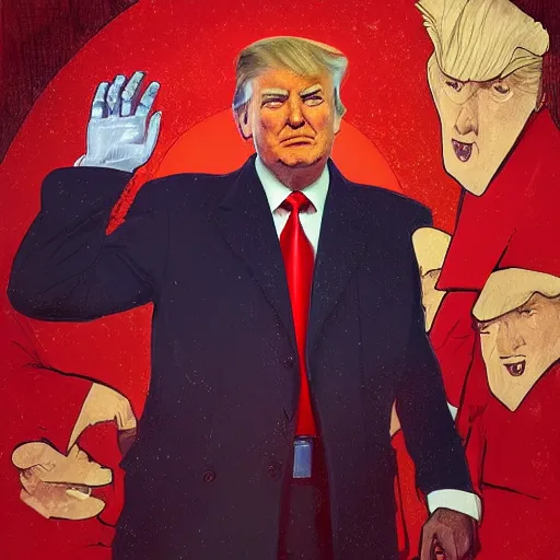 Image similar to donald trump as a communist, saluting, red suit, art by artgerm, greg rutkowski, alphonse mucha, studio portrait, highly detailed, digital art, elegant, intricate, concept art, trending on artstation