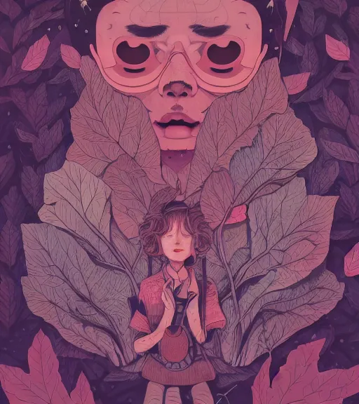 Image similar to portrait, nightmare anomalies, leaves by miyazaki, violet and pink palette, illustration, kenneth blom, mental alchemy, james jean, pablo amaringo, naudline pierre, contemporary art, hyper detailed