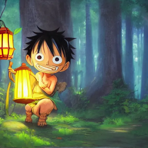 Prompt: concept art painting of an luffy chipmunk wearing a yellow cloak, holding a lantern, in the deep forest, realistic, detailed, cel shaded, in the style of makoto shinkai and greg rutkowski and james gurney