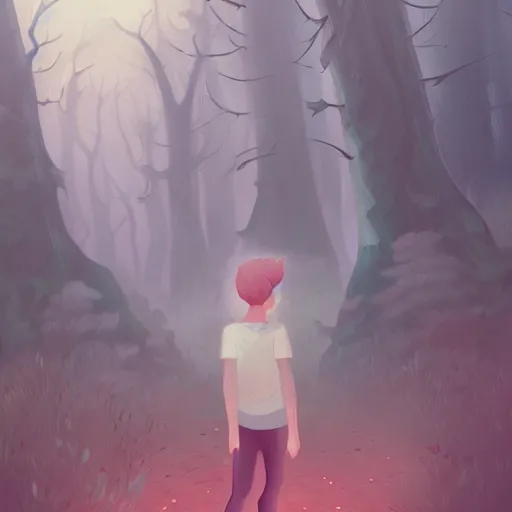 Prompt: portail, kid lost in a dark forest surrounded by monsters, lois van baarle