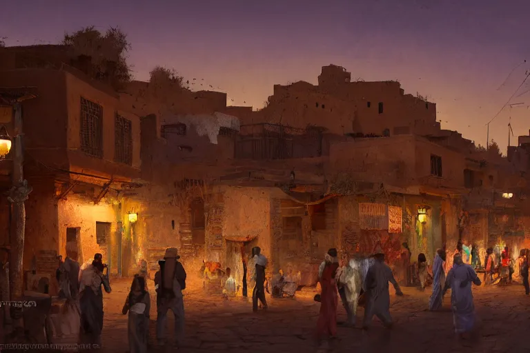 Prompt: in the middle of a adobe house kasbah town, mud and brick houses, merchant street, pueblo architecture, colorful crowd, festival. Scenic view at night, underexposed, clean horizon, matte painting by craig mullins and Anato_Finnstark, concept art trending on artstation, 4k, intricate details