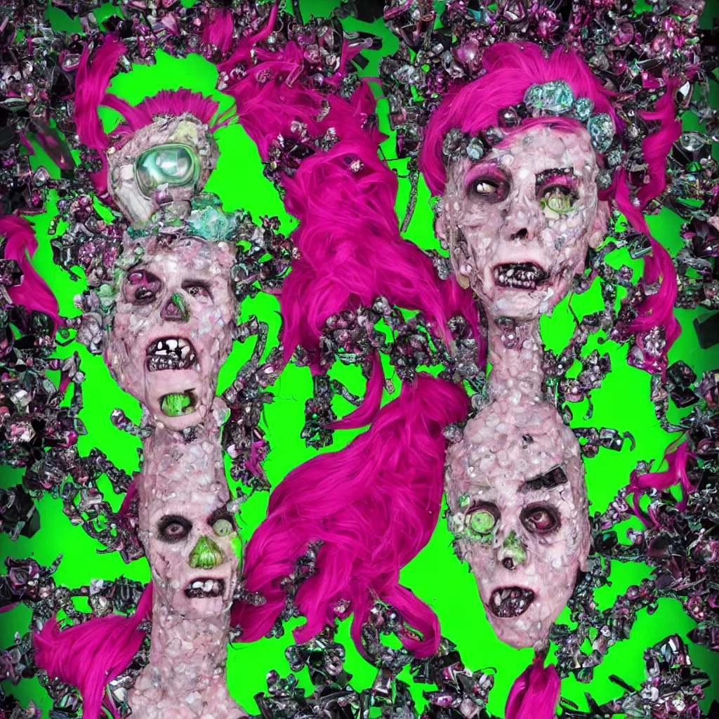 Image similar to a portrait of a punk rock zombie, full head and shoulders visible, pink crystal mohawk, skin made of crystals fruit and flowers, Baroque, Arcimboldo, character design, expressionistic, neon green background