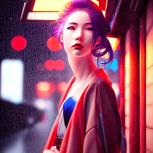 Image similar to photographic close - up portait of a beautiful young cyberpunk geisha half body in a kimono in city with neon lights, ambient lights, rainy day, digital painting, highly detailed, glowing lights, art station, by greg rutkowski