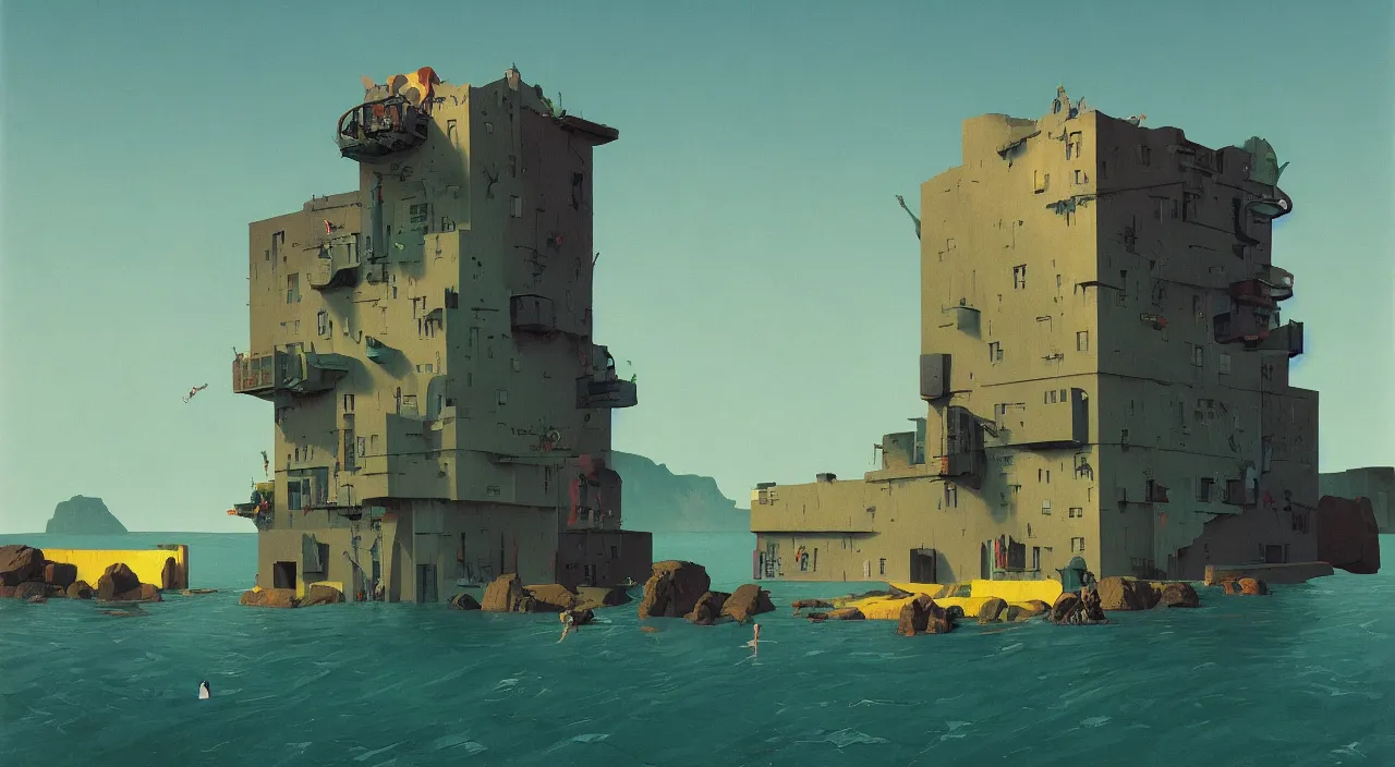 Image similar to single! flooded simple whale tower, very coherent and colorful high contrast!! masterpiece by rene magritte simon stalenhag carl spitzweg syd mead norman rockwell edward hopper james gilleard, minimalist, dark shadows, sunny day, hard lighting