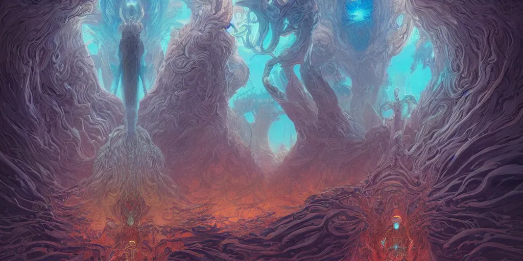 Prompt: ethereal the final boss encounter by jean giraud + beeple + insanely detailed, illustrated by kentaro miura, poster, peter mohrbacher, pastel color, symmetrical