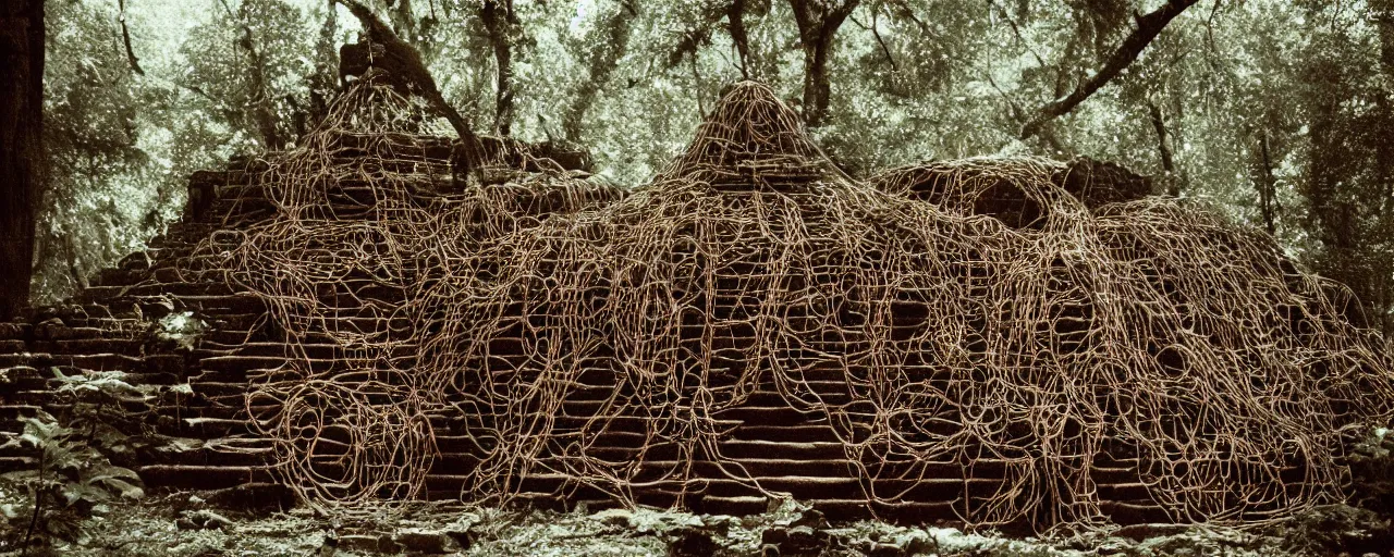 Image similar to an ancient aztec temple in the middle of the forest covered in spaghetti, canon 5 0 mm, cinematic lighting, photography, retro, film, kodachrome