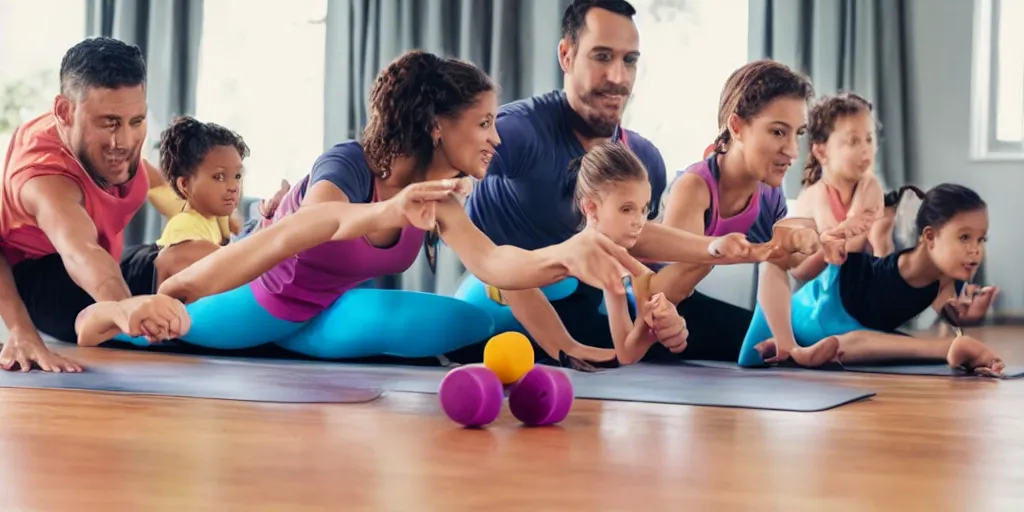 Image similar to a husband and wife exercising with four kids studying, award winning photo,