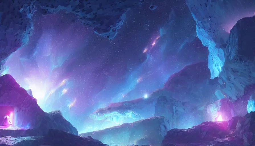 Image similar to A highly detailed digital art painting of a crystalline crystal sparkling cave at night, shimmering starry nebula sky by Studio Ghibli, Makoto Shinkai, by Artgerm, by beeple, volumetric lighting, octane render, 4K resolution, trending on artstation, masterpiece, vivid colours