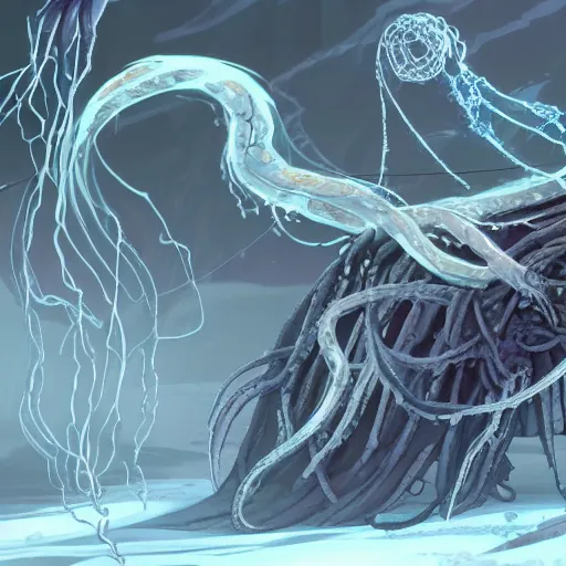 Image similar to screenshot of end game boss that is a chained ethereal ghostly wraith like figure with a squid like parasite latched onto its transparent skull and long tentacle arms that flow lazily but gracefully at its sides like a cloak while it floats around a frozen rocky tundra in the snow searching for lost souls and that hides amongst the frozen underbrush, this character has hydrokinesis and electrokinesis for the resident evil village video game franchise with inspiration from the franchise Bloodborne