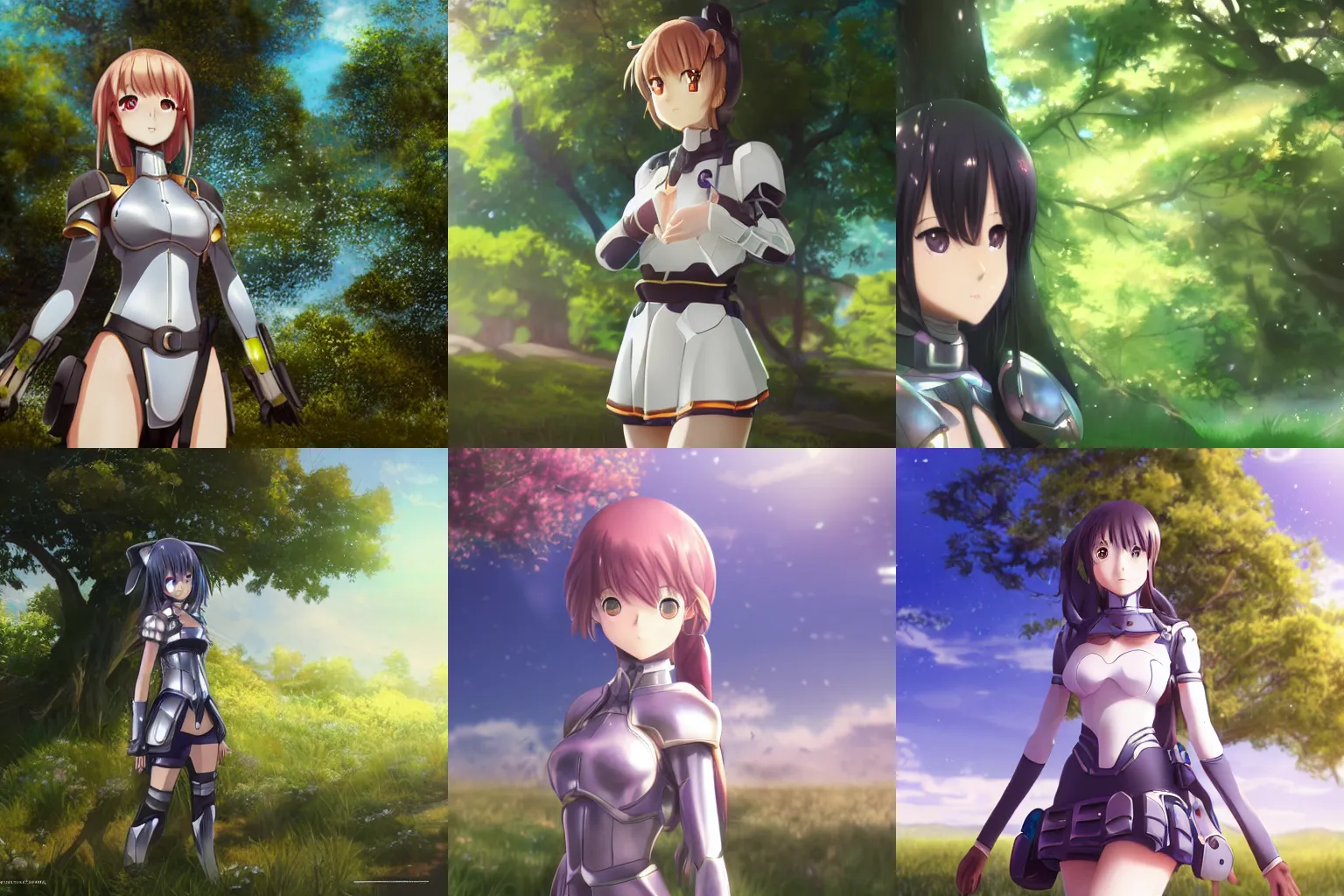 Prompt: photorealistic A beautiful smiling anime girl in sci-fi armor standing under a tree, anime key visual, digital art, anime screenshot, kyoto animation, makoto shinkai, pixiv, trending on artstation