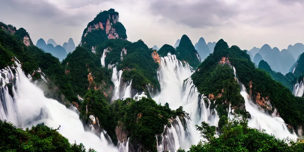 Image similar to Cloudy peaks in southern China with waterfalls, the style of National Geographic magazine