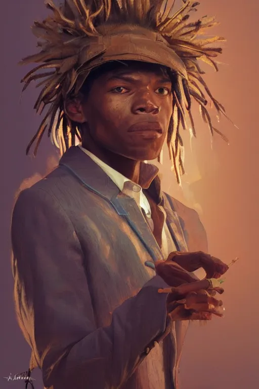 Image similar to ultra realistic illustration, jean basquiat, staring directly into camera, intricate, elegant, highly detailed, digital painting, artstation, concept art, smooth, sharp focus, illustration, art by artgerm and greg rutkowski and alphonse mucha