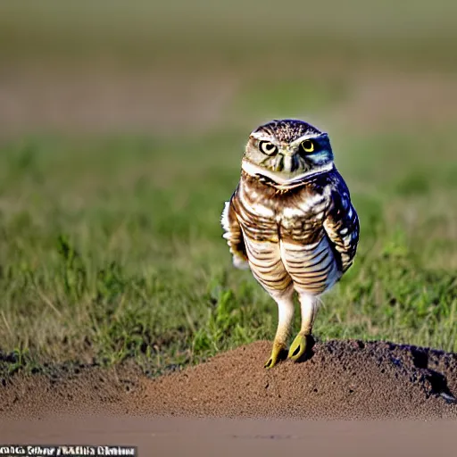 Prompt: the burrowing owl didn't sleep standing or perched, he slept in what could be described as a squat with his short stubby tail supporting him, and his legs splayed out to the sides, burrowing owl doing as described, guardians of gahool