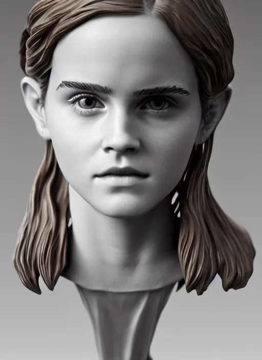 Prompt: 3D resin miniature sculpture of Emma Watson by Jean-Baptiste Carpeaux and Luo Li Rong, prefect symmetrical face, full body shot, academic art, realistic, 8K, Product Introduction Photo, Hyperrealism. Subsurface scattering, raytracing, Octane Render, Zbrush, simple background