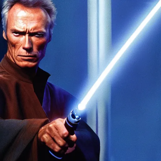 Image similar to clint eastwood holding blue lightsaber in star wars episode 3, 8k resolution, full HD, cinematic lighting, award winning, anatomically correct