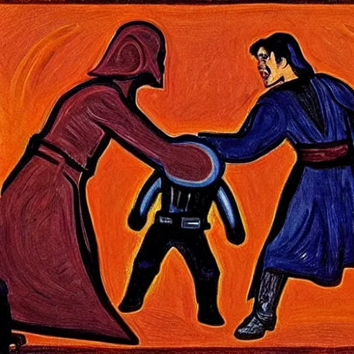 Prompt: jedis fighting on tatooine in the style of edvard munch