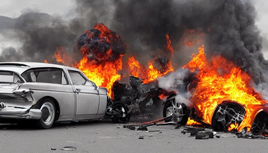 Prompt: Big budget movie where a hotrod crashes into a petrol station and explodes