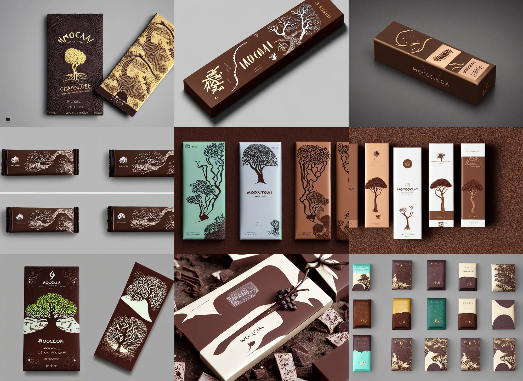 Prompt: conceptual designer chocolate bar packaging, inspired by moonlit socotra island with dragon trees, label design, behance, pinterest, packaging of the world, award, front label, packaging design, octane render