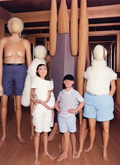 Prompt: realistic photo of the family wearing fluffy shorts, faceless, no face, polished and fancy, standing in the wooden expensive interior room full of wooden bird idol sculptures 1 9 9 0, life magazine reportage photo