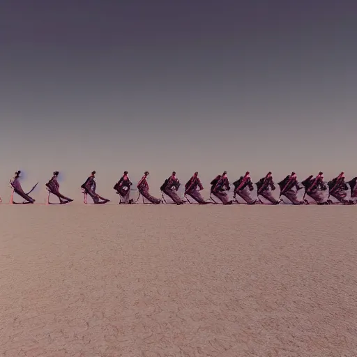 Prompt: rows and rows of factory worker girls, walking in the desert, margiela campaign, cinematic lighting, hd vfx - 9