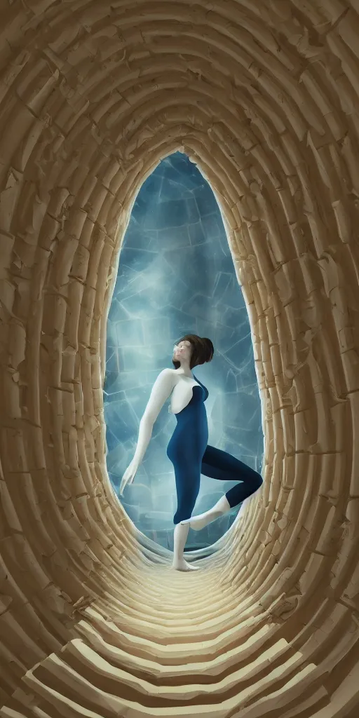 Prompt: a beautiful painting of a fully clothed woman emerging from a stargate by francesca woodman by octane render blender 8 k isometric dof spot lighting