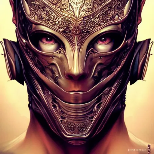 Prompt: Very very very very highly detailed epic photo of full face with scary venetian mask, intricate, dystopian, sci-fi, extremely detailed, digital painting, artstation, concept art, smooth, sharp focus, illustration, intimidating lighting, incredible art by Artgerm and Vincent di Fate