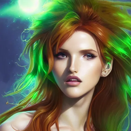 Image similar to ultra realistic illustration, bella thorne as starfire anime with glowing green eyes, intricate, elegant, highly detailed, digital painting, artstation, concept art, smooth, sharp focus, illustration, art by artgerm and greg rutkowski and alphonse mucha